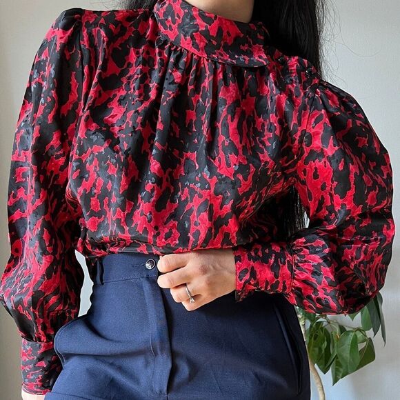 vtg 80s long sleeve satiny blouse red black glam classic maximalist style large - Picture 7 of 9